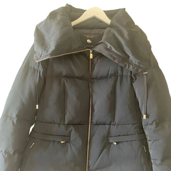 Zara Woman Black Coat Collared Long Sleeve Full Zip Parka Down Winter Jacket L - Picture 3 of 13